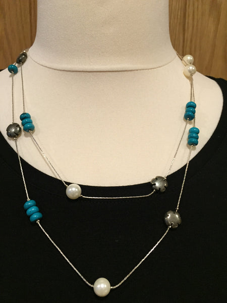 Turquoise, Pyrite and Shell Pearl Long Necklace