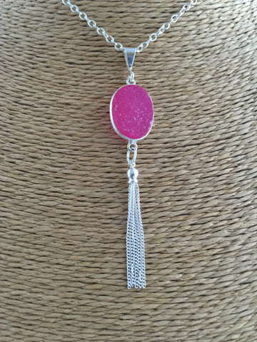 Pink Druzy with Sterling Silver Tassel